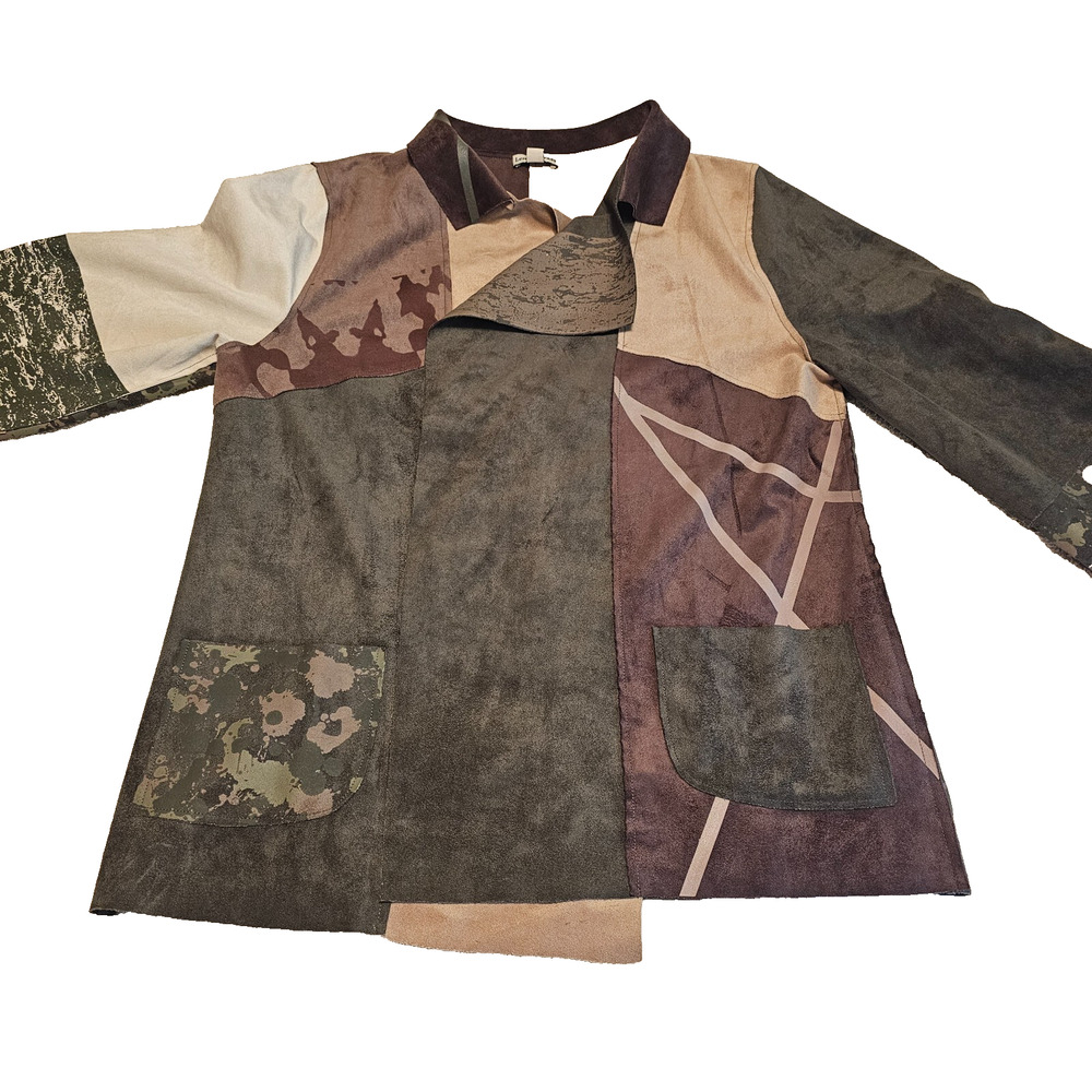 Lemon Grass Patchwork Faux Suede Open Front Jacket Boho Art Women's Medium